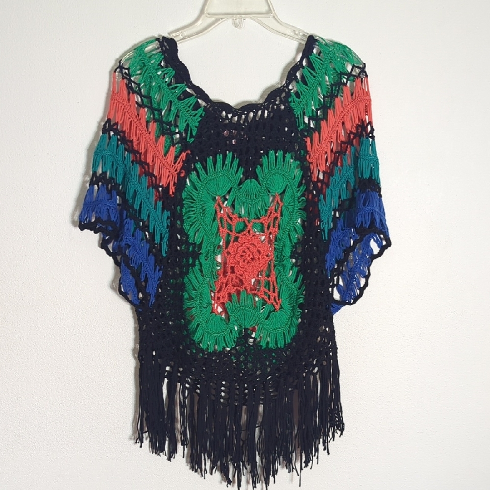 Bohemian Womens Crocheted Shirt Top Fringe Boho Colorful Concert Granny Large